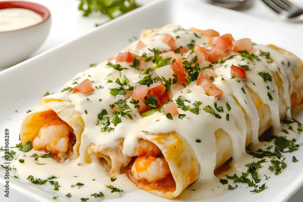 Seafood Enchiladas isolated on white background Seafood Enchiladas isolated on white background