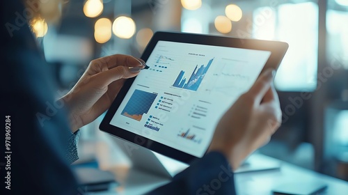 Businessperson presenting data on a tablet while negotiating a financial contract, tech-assisted negotiation, digital presentation in negotiations