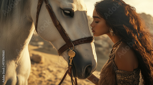 A young warrior girl gently leans toward a white horse, touching its forehead. The scene takes place against the backdrop of a golden desert sunset, creating a warm