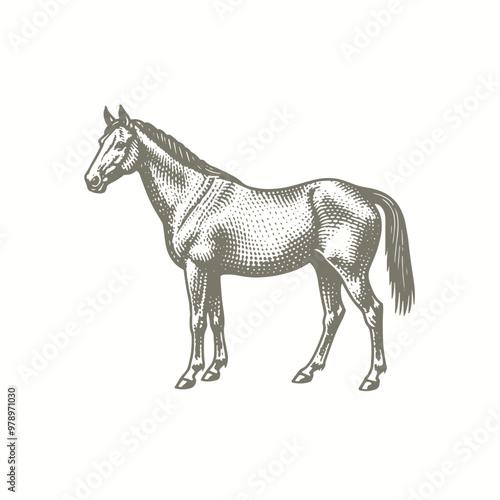engraving of a horse is standing in a drawing
