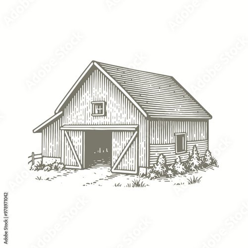 engraving of a black and white drawing of a barn
