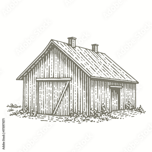 engraving of an old barn with a roof and a door