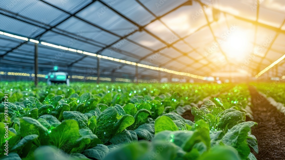 Green Lettuce Growing in Greenhouse with Sunlight Green Lettuce Growing in Greenhouse with Sunlight