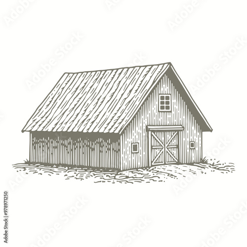 engraving of a sketch of a barn with a roof