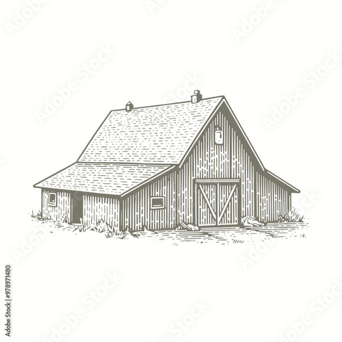 engraving of a sketch of a barn with a door