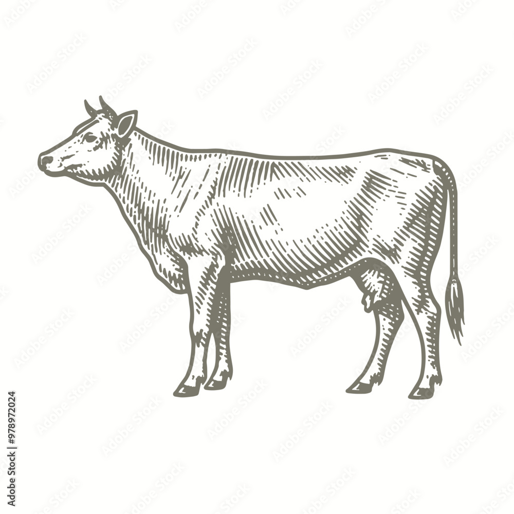 Fototapeta premium engraving of a cow standing in a field, with a white background