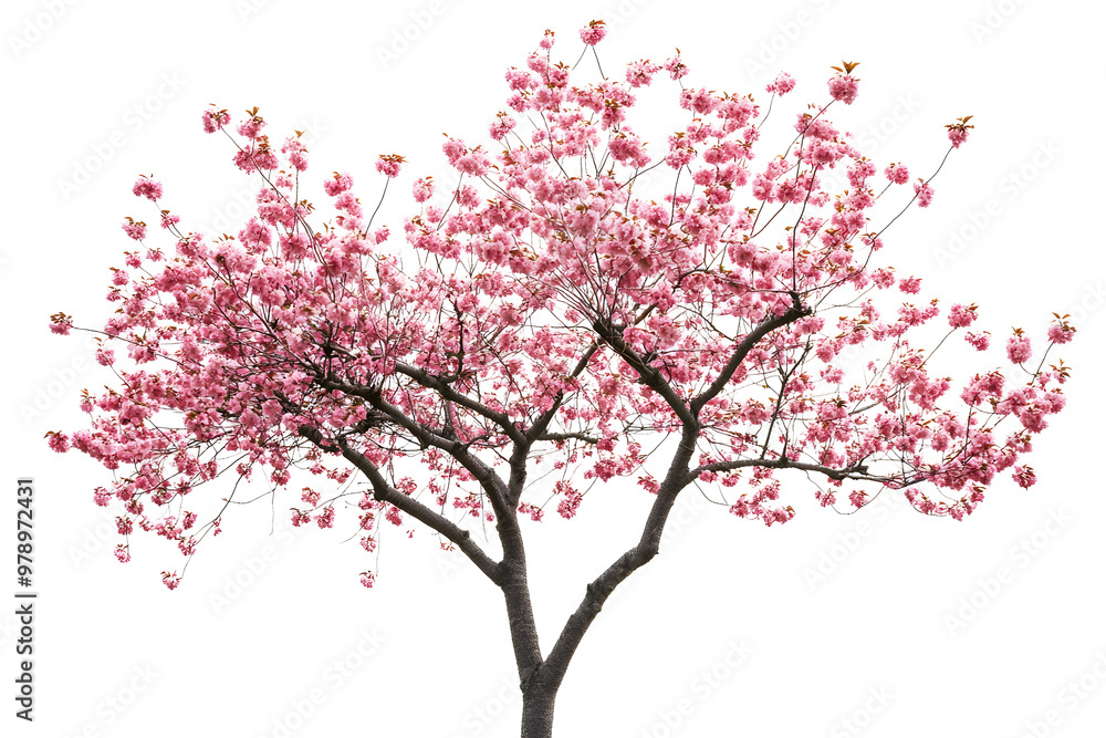 Fototapeta premium Sakura tree with pink blossoms stands alone against a white background