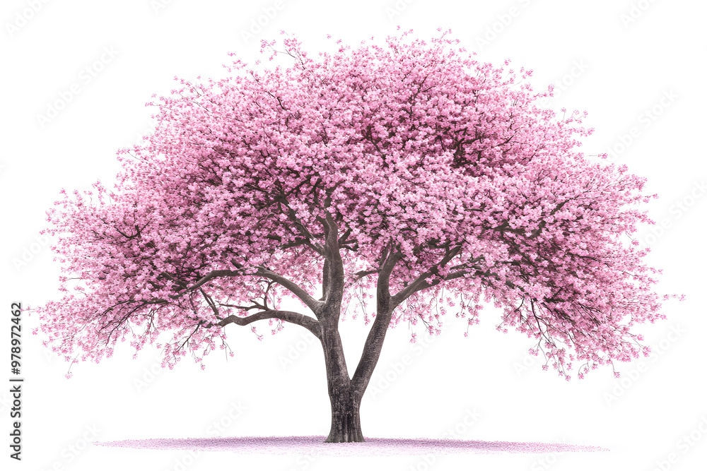 Obraz premium Sakura tree with pink blossoms stands alone against a white background