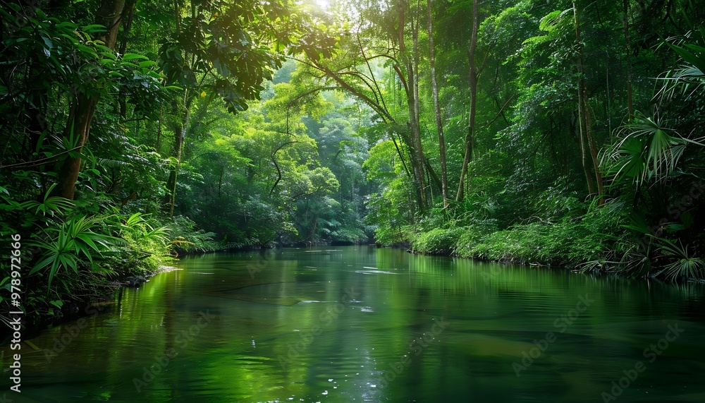 A river with trees and bushes dense forest A river with trees and bushes dense forest