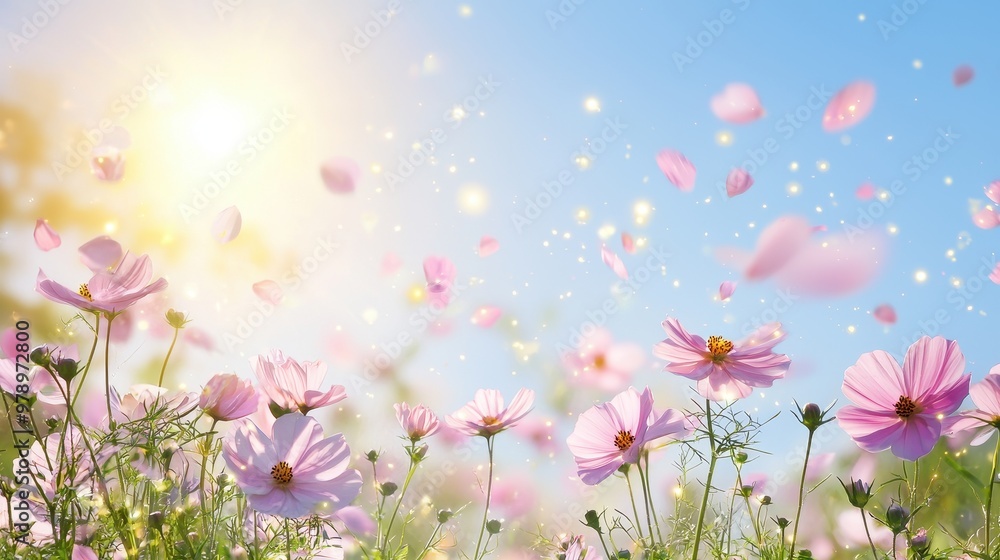 Delicate Pink Cosmos Flowers Blooming in a Sunlit Meadow Delicate Pink Cosmos Flowers Blooming in a Sunlit Meadow