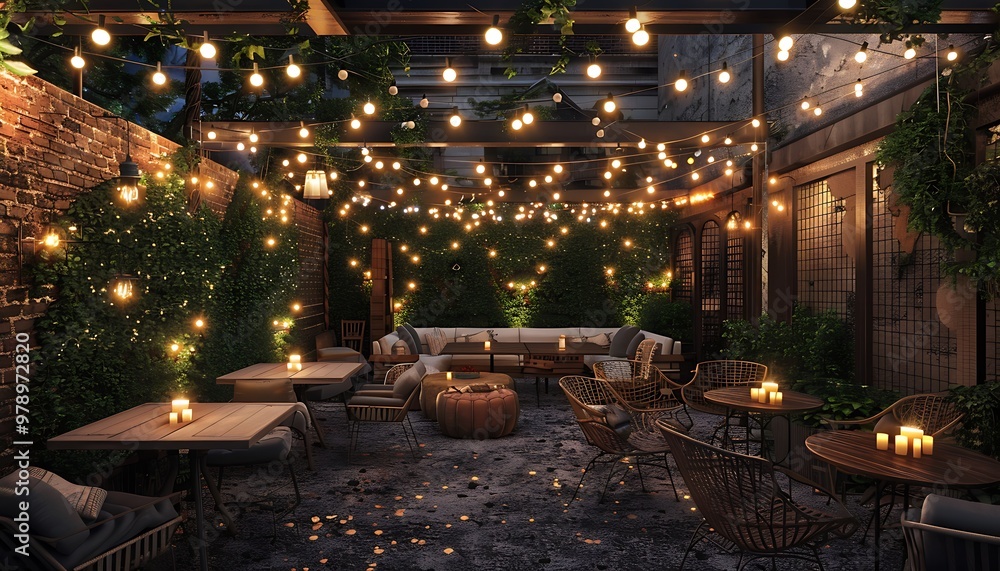 A pool and patio with lights and furniture A pool and patio with lights and furniture