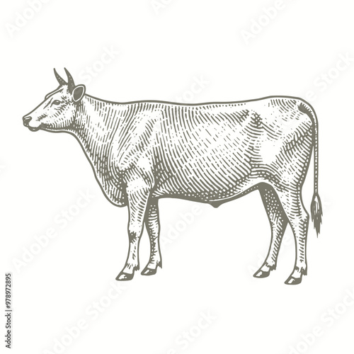 engraving of a cow is standing in a drawing on a white background