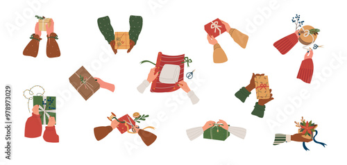 Set of diverse female and male hands holding christmas gift boxes, presents, preparing for the holiday. Arms wrapping, preparing gifts, new year souvenirs. Vector illustrations isolated on white.