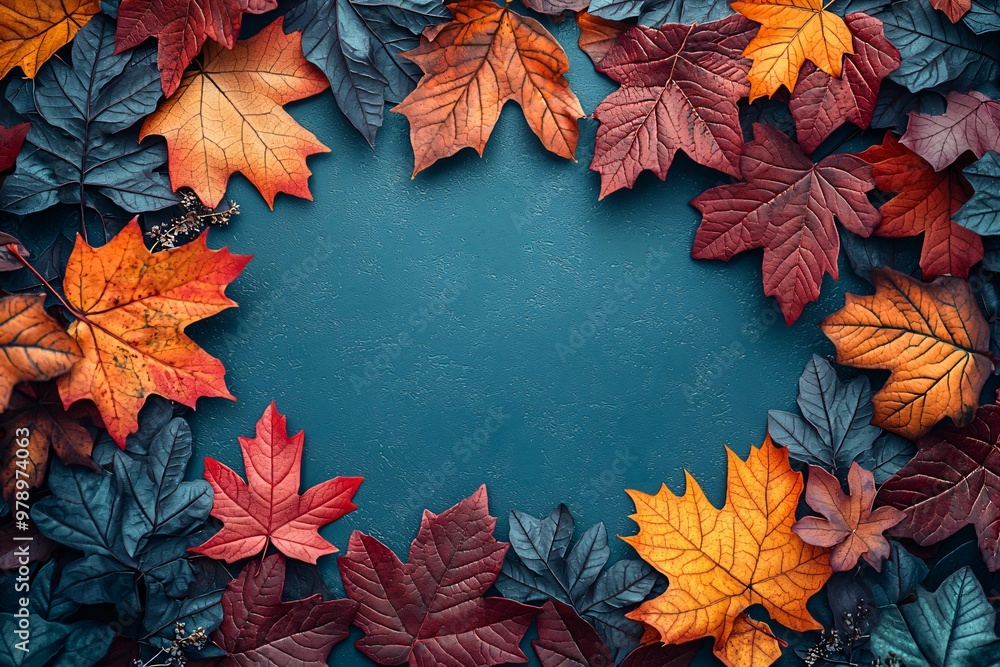 Vibrant autumn leaves frame on a teal background, perfect for Thanksgiving and Halloween invites, décor or seasonal promotions with copy space. Vibrant autumn leaves frame on a teal background, perfect for Thanksgiving and Halloween invites, décor or seasonal promotions with copy space.