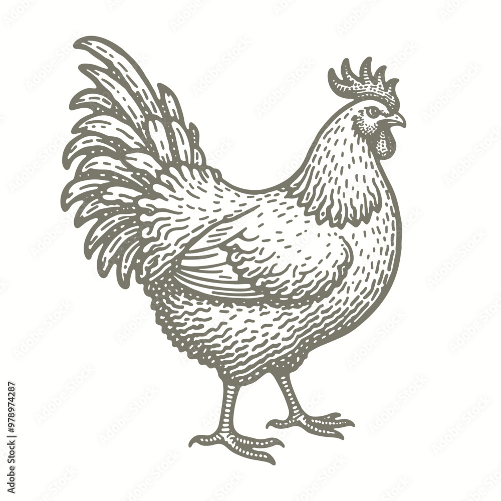 engraving of a drawing of a rooster on a white background engraving of a drawing of a rooster on a white background