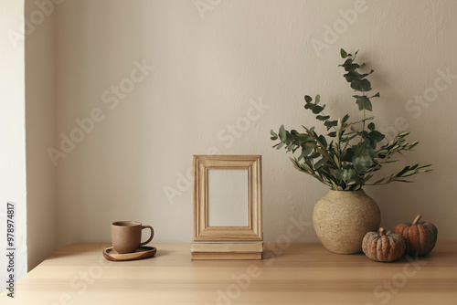 Autumn interior still life. Vase with olive eucalyptus tree branches, pumpkins. Blank wooden photo frame mockup on table. Thanksgiving decor. Scandi interior. Cup of tea, coffee. Beige wall background photo