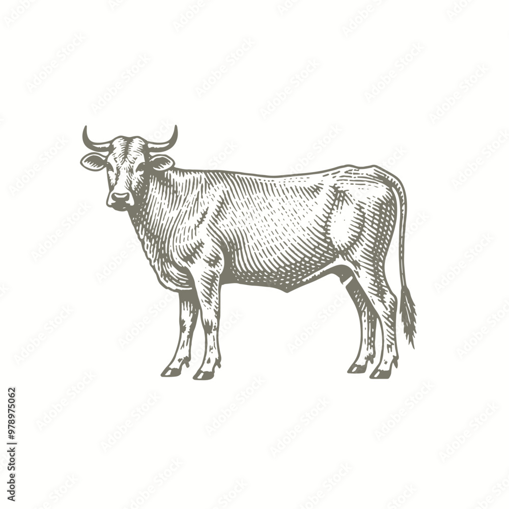 Fototapeta premium engraving of a cow is standing in a drawing on a white background