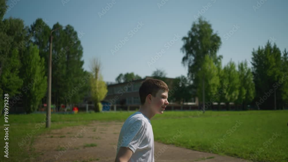 A young boy heads a ball as someone passes by in the background, with blurred trees and a building in the background A young boy heads a ball as someone passes by in the background, with blurred trees and a building in the background