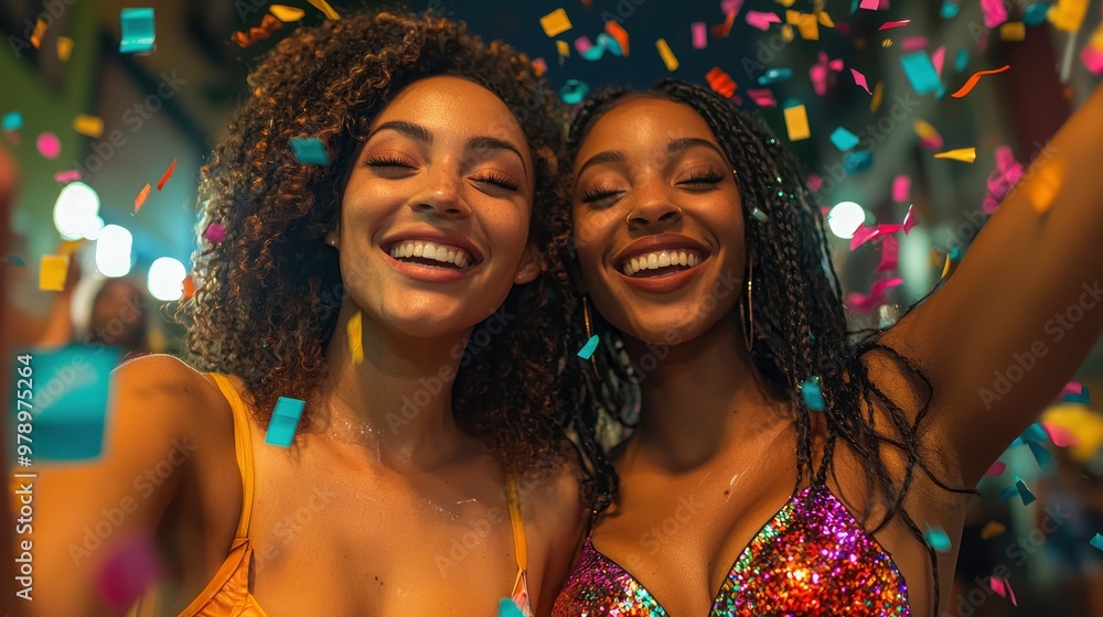Two Happy Friends Celebrating with Confetti Two Happy Friends Celebrating with Confetti