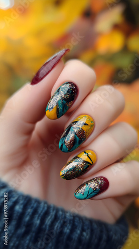 A close-up of an autumn-themed manicure featuring nails painted with glitter, abstract leaf designs, and a combination of deep burgundy, green, and yellow colors