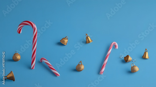 Candy cane and golden bell on blue background