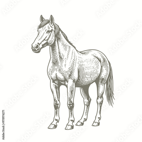 engraving of a horse is standing in a drawing