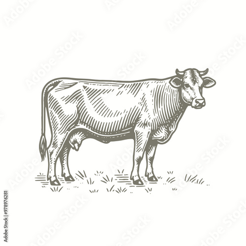 engraving of a cow standing in the grass on a white background