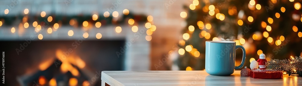 A cozy reading nook by the fireplace, with Christmas lights creating a peaceful atmosphere, and a mug of hot cocoa resting on a table beside a Christmas tree A cozy reading nook by the fireplace, with Christmas lights creating a peaceful atmosphere, and a mug of hot cocoa resting on a table beside a Christmas tree