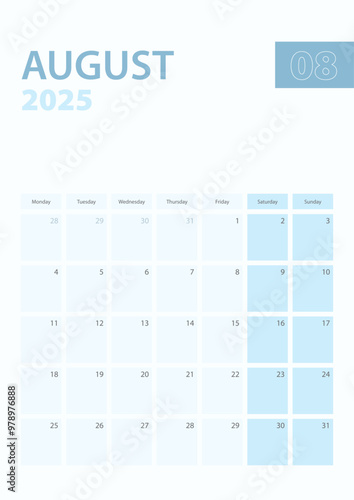 Vertical calendar page of August 2025, Week starts from Monday.