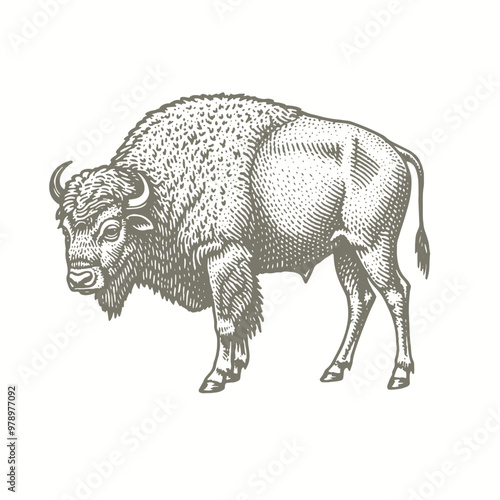 engraving of a bison is standing in a drawing style