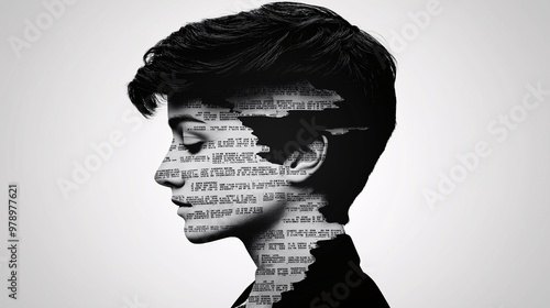 Silhouette of woman with overlay of text and abstract design, Artistic profile of a woman filled with newspaper print, Conceptual art blending human figure and typography