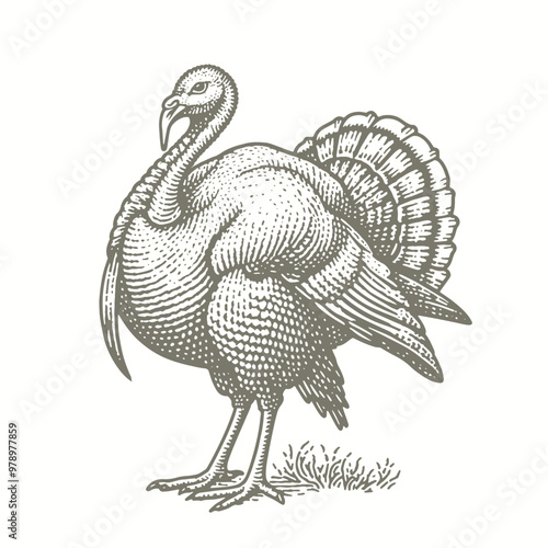 engraving of a turkey is standing in a field with grass