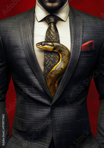 Snake emerging from suit symbolizing cunning and ego, Sophisticated and sly imagery of a business man with snake, Depiction of a devious and egocentric personality photo