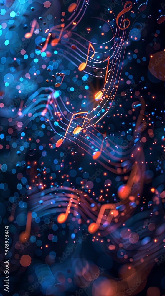 A vibrant and glowing composition of musical notes surrounded by colorful bokeh lights, set against a dark background, evoking a lively and energetic atmosphere. A vibrant and glowing composition of musical notes surrounded by colorful bokeh lights, set against a dark background, evoking a lively and energetic atmosphere.