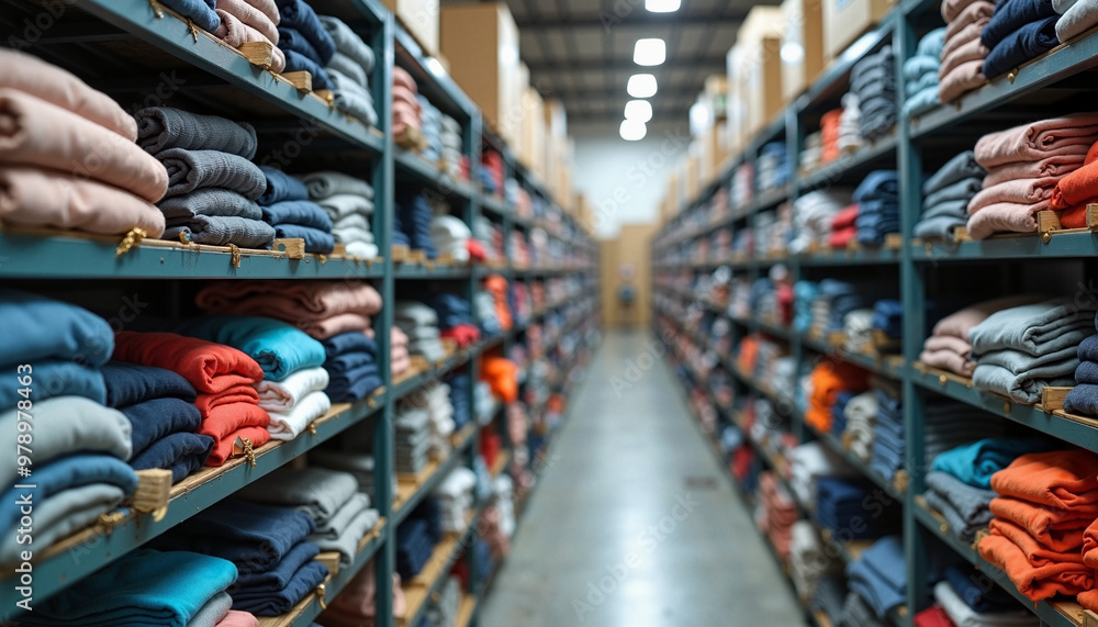 Naklejka premium Organized warehouse shelves stacked with colorful folded textiles