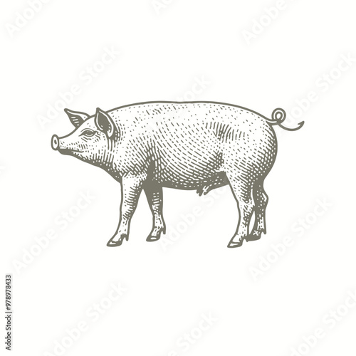 engraving of a pig is standing in a field