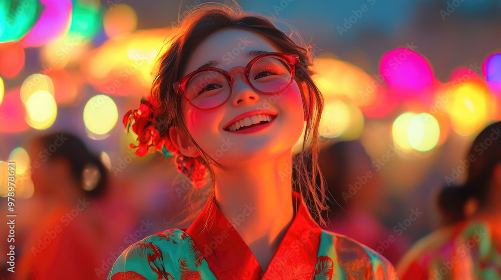 Joyful Young Woman in Traditional Clothing with Colorful Lanterns at a Night Festival Joyful Young Woman in Traditional Clothing with Colorful Lanterns at a Night Festival
