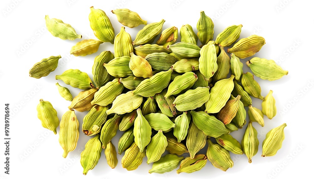 A group of green and yellow seed pods isolated on white background A group of green and yellow seed pods isolated on white background