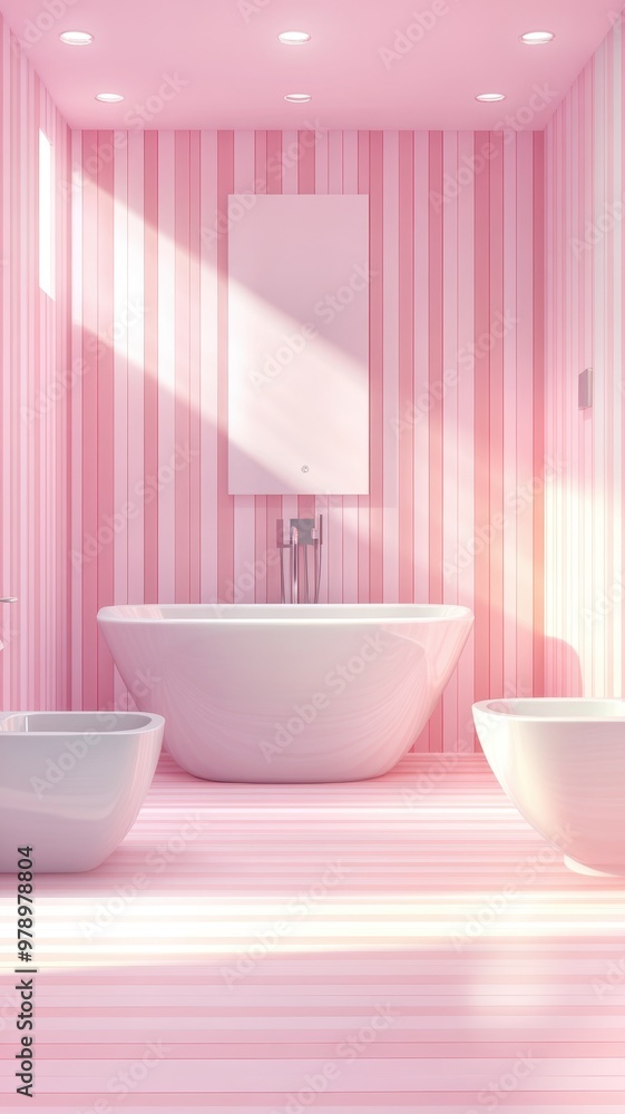 Luxury bathroom interior with pink walls with white bathtub and sink with vertical mirror standing in stylish bathroom in apartment with panoramic window on city view,3D rendering. Luxury bathroom interior with pink walls with white bathtub and sink with vertical mirror standing in stylish bathroom in apartment with panoramic window on city view,3D rendering.