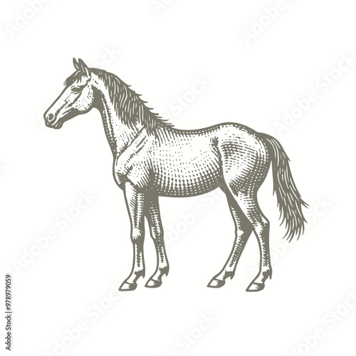 engraving of a horse is standing in a drawing