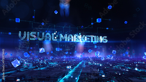 Visual Marketing - businessman working with virtual reality at office.