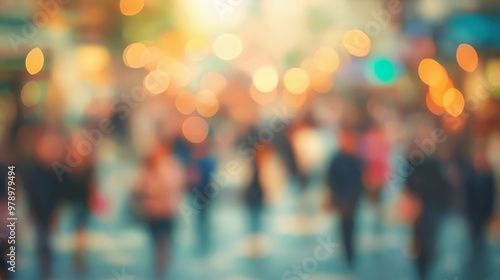 Wallpaper Mural Blurred city street with bokeh lights and crowd, Soft focus urban scene with warm golden lights, Abstract out-of-focus pedestrians in a vibrant city Torontodigital.ca