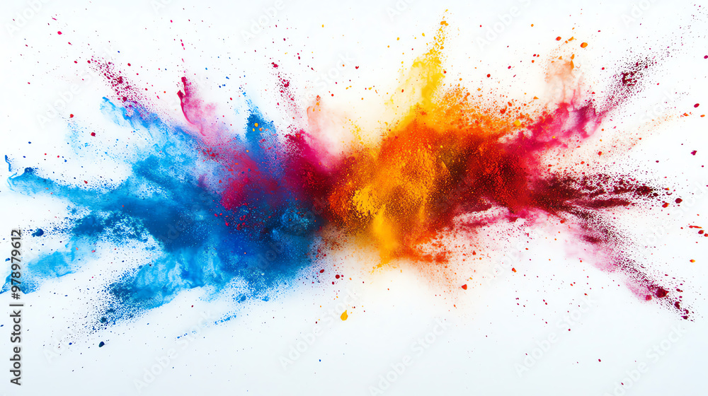 A vibrant burst of blue, red, orange and yellow powder explodes against a white background. A vibrant burst of blue, red, orange and yellow powder explodes against a white background.
