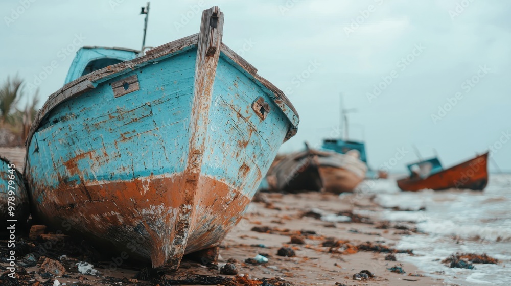 Weathered boats resting on a shore, showcasing their rustic charm against a moody sky and gentle waves. Weathered boats resting on a shore, showcasing their rustic charm against a moody sky and gentle waves.