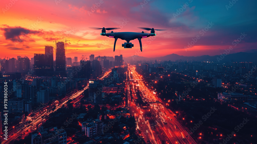 Drone Capturing Urban Cityscape at Sunset with Illuminated Streets. Drone Capturing Urban Cityscape at Sunset with Illuminated Streets.
