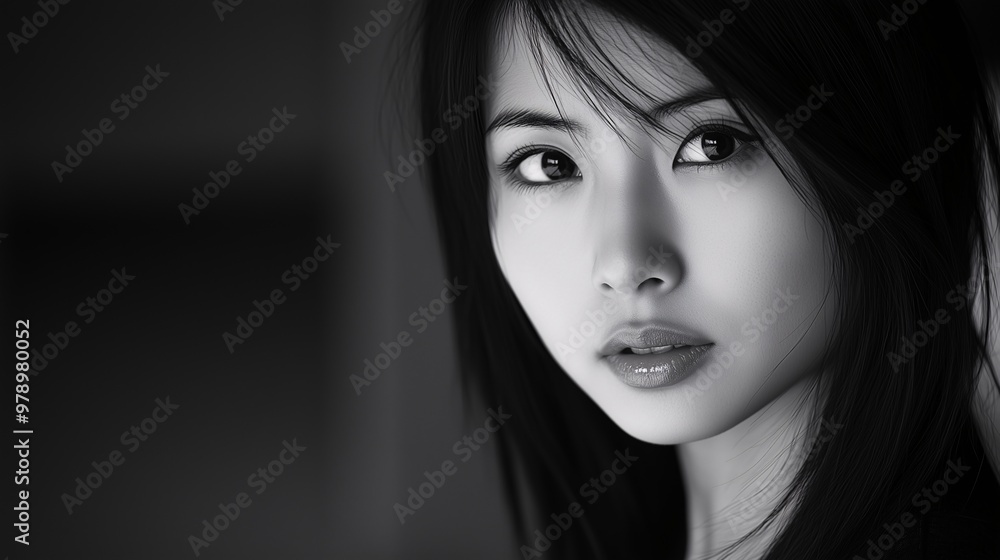Fototapeta premium Close-up black and white portrait of an Asian woman, Elegant woman with soft gaze and natural beauty, Monochrome image focusing on facial features and expression