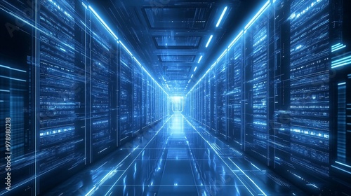 A futuristic server room with rows of glowing data servers and a bright light at the end of the hallway.