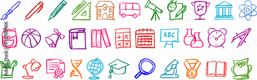 School Related Icons Crayon Chalk Drawing Vector Set