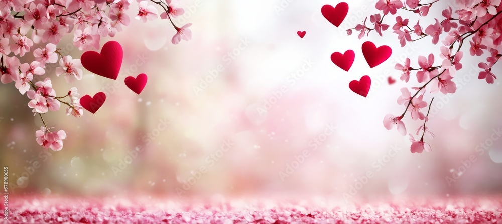 Gentle Pink Valentines Day Background With Red Hearts And Blooming Cherry Blossom Branches Gentle Pink Valentines Day Background With Red Hearts And Blooming Cherry Blossom Branches
