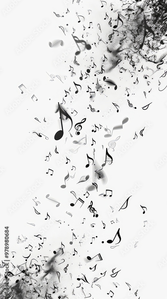 Monochrome design featuring various musical notes cascading and dispersing in a cloud-like manner, creating a dynamic and abstract visual representation of music and movement. Monochrome design featuring various musical notes cascading and dispersing in a cloud-like manner, creating a dynamic and abstract visual representation of music and movement.
